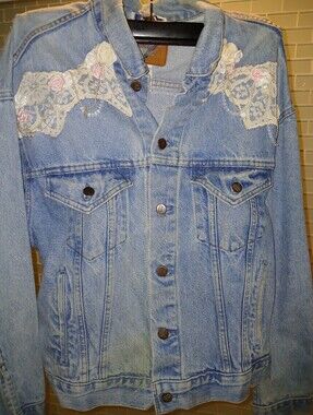 Vintage International Denim Jackat With Lace On Front, And Rear Sz Lg